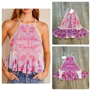 NWT FREE PEOPLE boho embroidered sleeveless flowy camisole top with crochet.